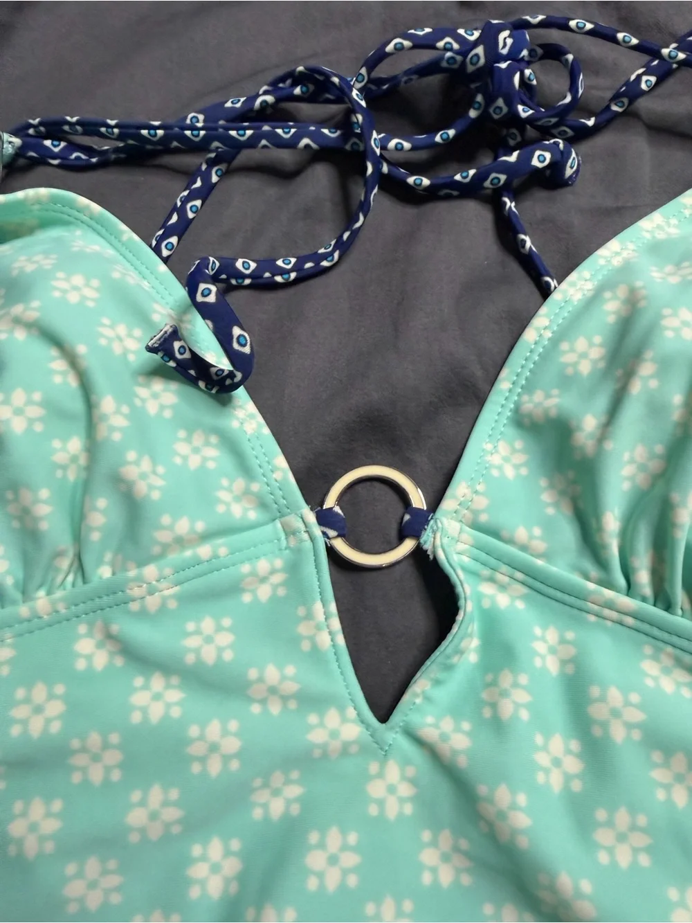 Old Navy Mint Green One-Piece Swimsuit with Navy Halter Tie
